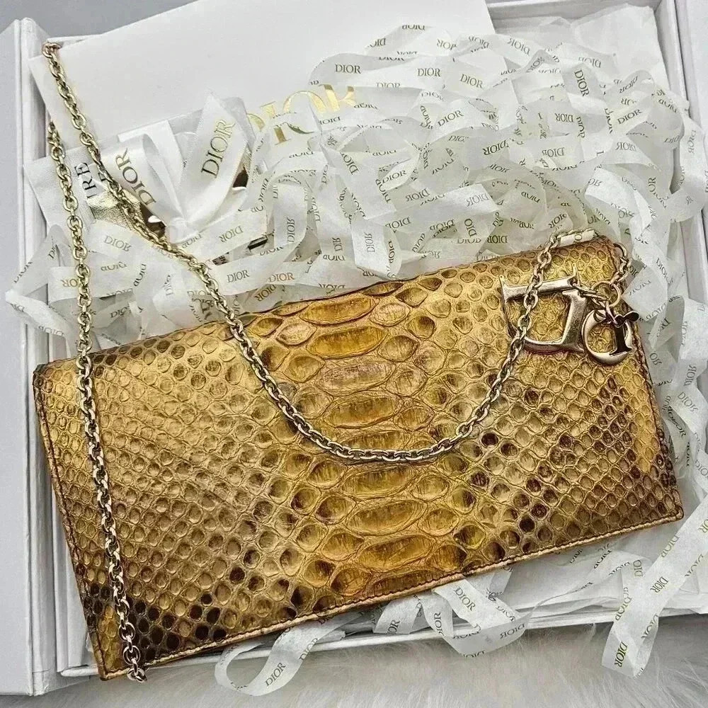Dior Metallic Gold Python Evening Clutch Bag/ Wallet on Chain
